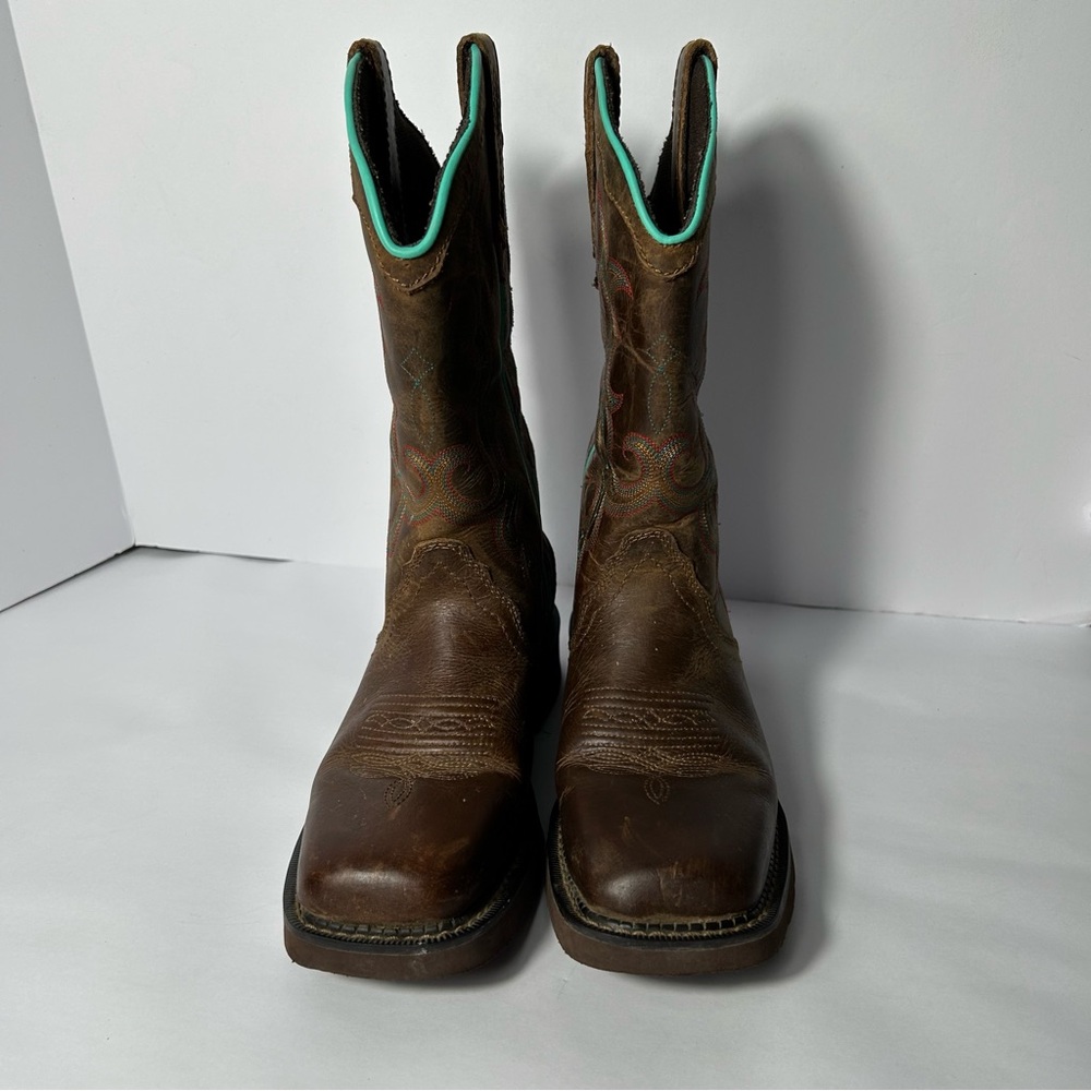 Justin Boots Brown Leather Western Boots with Turquoise Trim - Picture 16 of 16